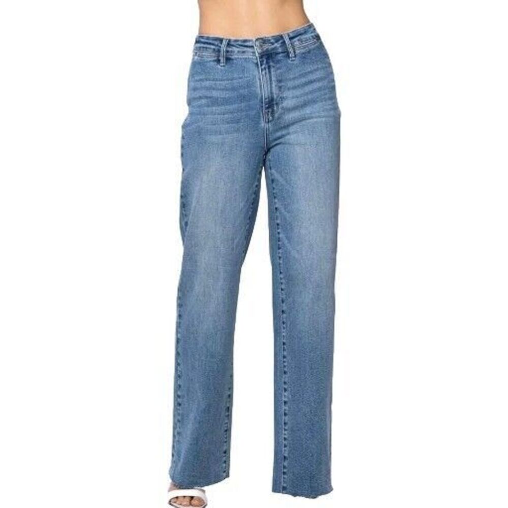 Judy Blue Frayed Wide Leg Jeans Women 13 31 Medium Wash Faded Whisker Denim Pant